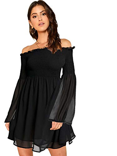Romwe-Womens-Casual-Floral-Print-Off-Shoulder-Trumpet-Sleeve-Swing-Dress