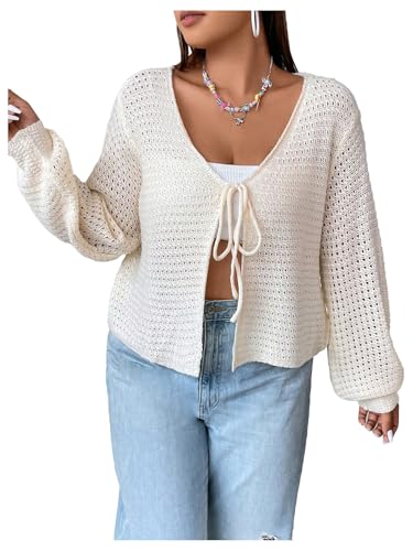 GORGLITTER Women's Plus Size Bow Tie Front Cardigan Crochet Open Front Lightweight Front Tie Cardigan Sweater Fall