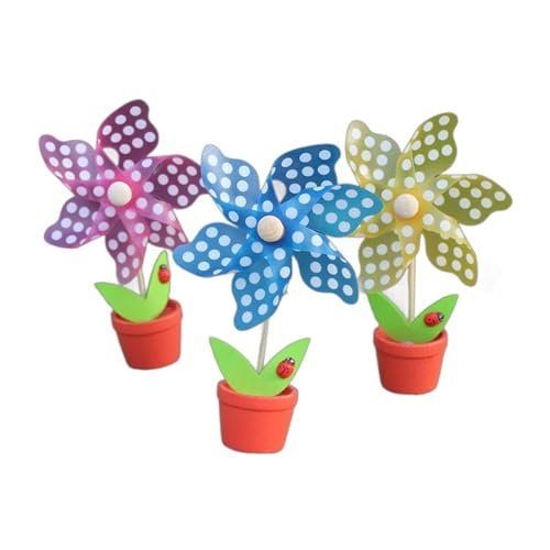 Lot de 3 moulins à vent colorés avec pots de fleurs - Petits moulins à vent - Accessoires photo pour fête d'enfant - Décoration de bureau - Petits pots de...