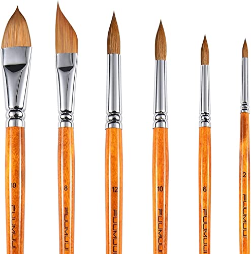 6Pcs Fan Brushes Multi-Color Soft Anti-Shedding Nylon Hair, Birch Wooden Long Handle Artist Paint Brush Set for Acrylic Watercolor Oil Painting-6 Sizes