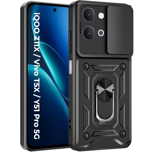 Image of A rtistque Armor Bumper Back Cover Case for iQOO Z11x 5G / Vivo T5x 5G / Vivo Y51 Pro 5G | Ring Holder Stand | Sliding Camera Protection | Shockproof Heavy Duty Design | iQOO Z11x Back Cover - Black