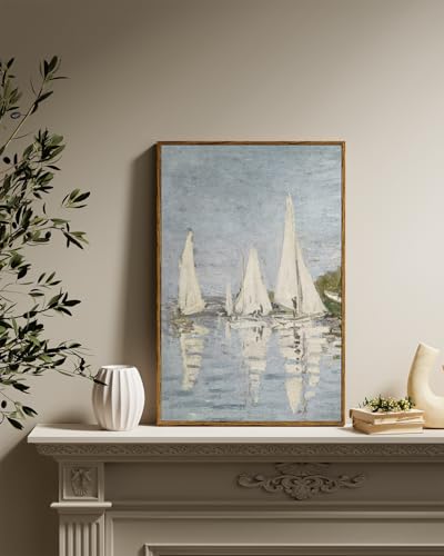 Image of ARPEOTCY Vintage Framed Canvas Wall Art, 16x24inch, Farmhouse Sailboat Large Wall Decor, Nautical Lake Art Prints Home Decorations, Seascape Hanging Paintings for Living Room Bedroom Office Decor
