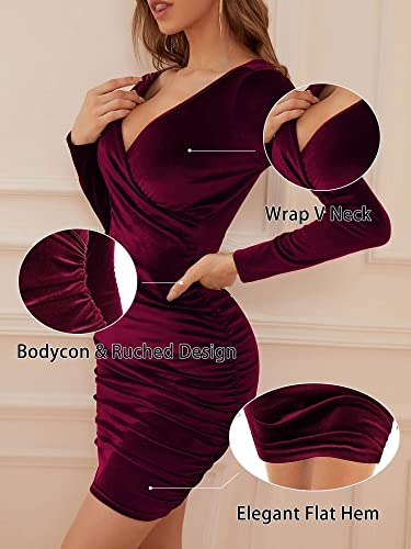 MYONE Womens Wrap V Neck Long Sleeve Velvet Dress Bodycon Cocktail Ruched Elegant Sexy Party Dress3