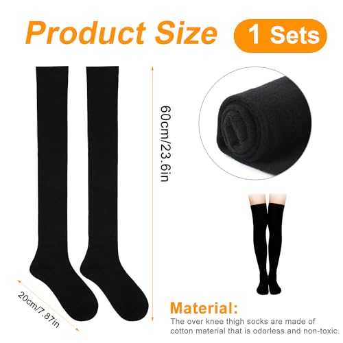 Thigh High Socks for Women Girls, 80% Cotton Knee High Warm Socks Soft Comfortable Long Socks Thigh High Stockings for Halloween Wednesday Cosplay Prom Daily Wearing (Black)2