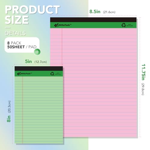 KAISA Colored Legal Pad 15lb Recycled Paper Writing Pad, 4pcs 5"x8" Legal Ruled and 4pcs 8.5" x 11.75" Wide Ruled, 50 Sheets, Mixed 8-Pack, KSU-7358 image 8