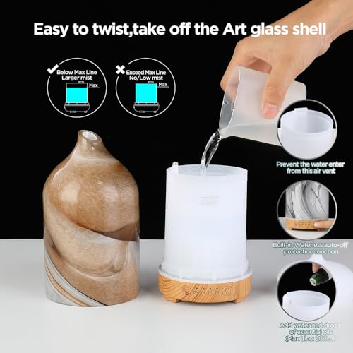 Image of Essential Oil Diffuser Hand Blown Glass Aromatherapy Diffuser - Ultrasonic Cool Mist Scent Aroma Diffuser, Whisper Quiet with Auto Shut-Off, Timer Setting &7 Colors Night Light for Home