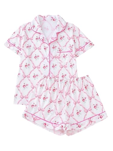 Verdusa Women's 2 Piece Floral Bow Pajama Set Short Sleeve Button Down Shirt and Shorts Set