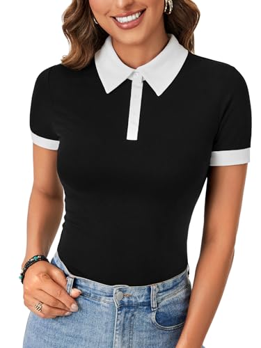 LYANER Women's V Neck Summer Casual Work Top Ribbed Knit Collared Shirt Short Sleeve Slim Fit Blouse2