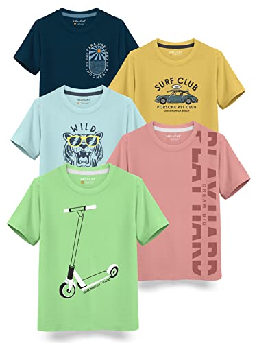 Image of HELLCAT Boys Round Neck Printed Blended Cotton Tshirt -Combo Pack of 2 - Orange /Blue