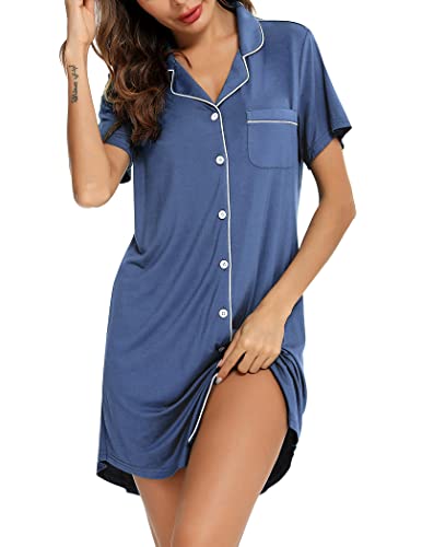 Image of Samring Pajama Nightgown for Women Short Sleeve Button Down Boyfriend Night Gown Nightdress Sleep Shirts