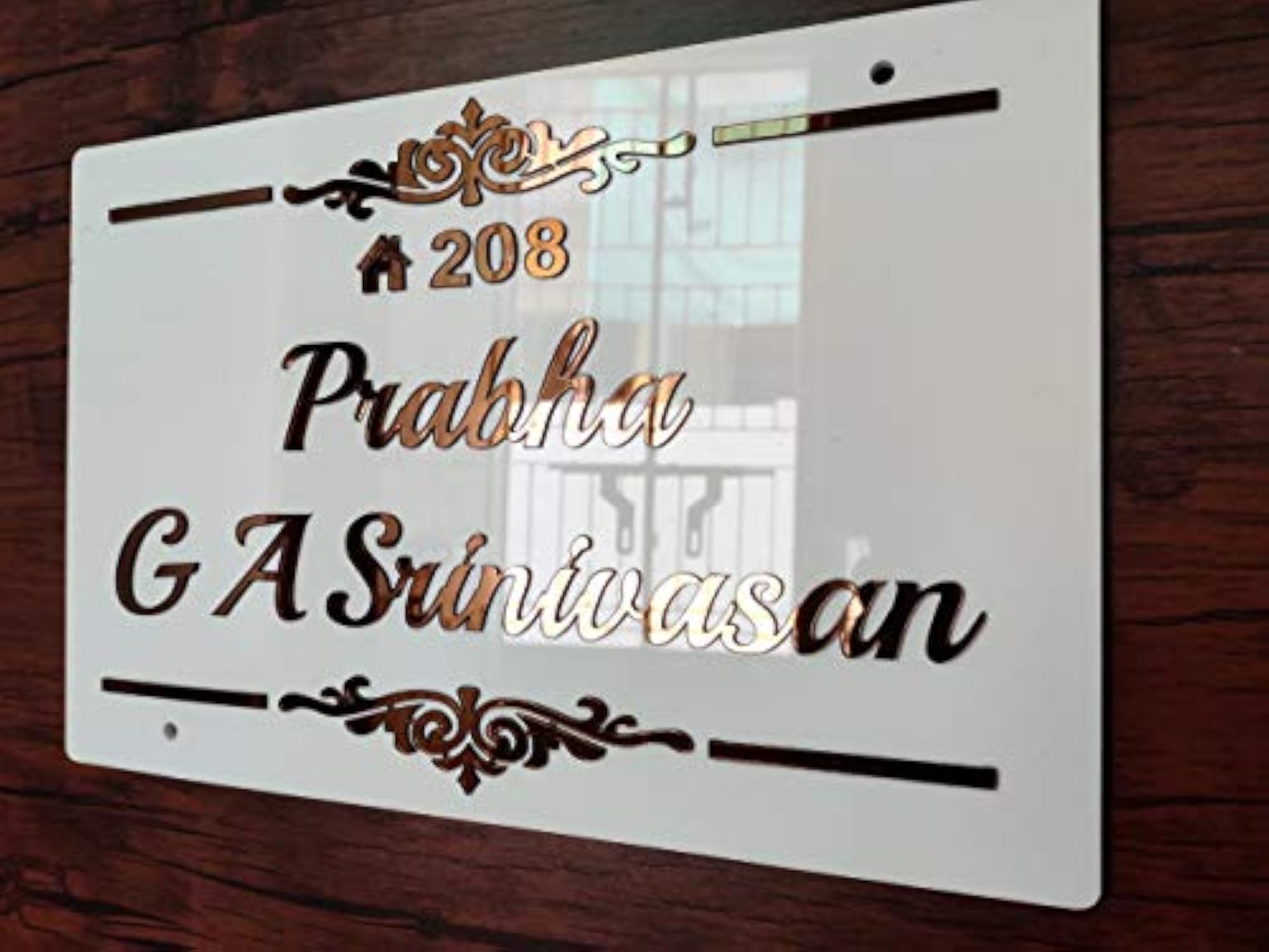 White Acrylic Door Name Plate with Copper Mirror Shine