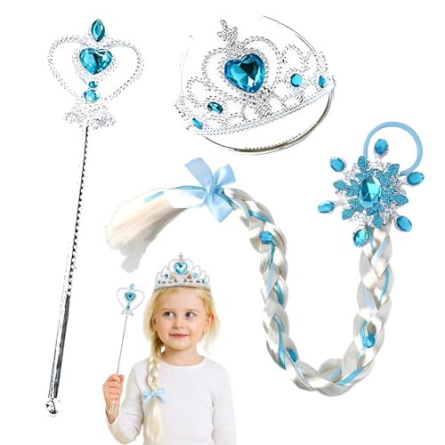 ELSA Set of 3, Prinzessin Kostüme Eisprinzessin, Mädchen Perücken Haarteil, Haarreif Zopf, ELSA Prinzessin Verkleiden,Eiskönigin Krone und Zauberstab ELSA Dress Up Zubehör Set für Cosplay ELSA Set of 3, Prinzessin Kostüme Eisprinzessin, Mädchen Perücken Haarteil, Haarreif Zopf, ELSA Prinzessin Verkleiden,Eiskönigin Krone und Zauberstab ELSA Dress Up Zubehör Set für Cosplay