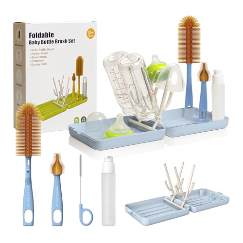 Image of YOTIME Travel Bottle Brush, Travel Bottle Cleaner Kit with Foldable Bottle Drying Rack, for Visit Friends and Relations, Baby Travel Essentials, BPA Free, Blue