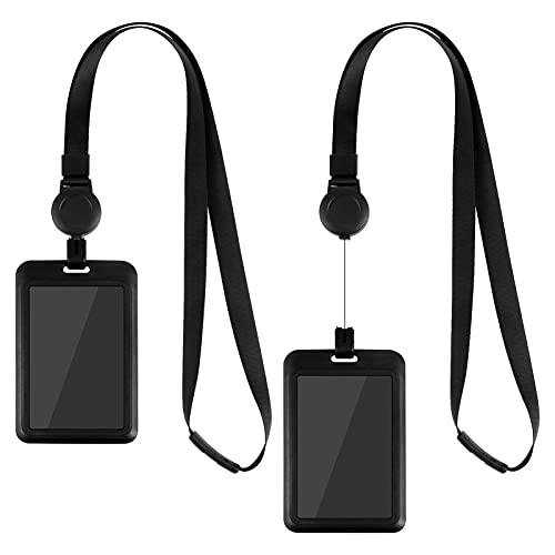 cluis 2 Pack Badge Holders with Lanyard, ID Card Holder Vertical, Black Lanyard Retractable, Heavy Duty Lanyard and Card Holder Set for Office School Business Identity Card Pass Badge