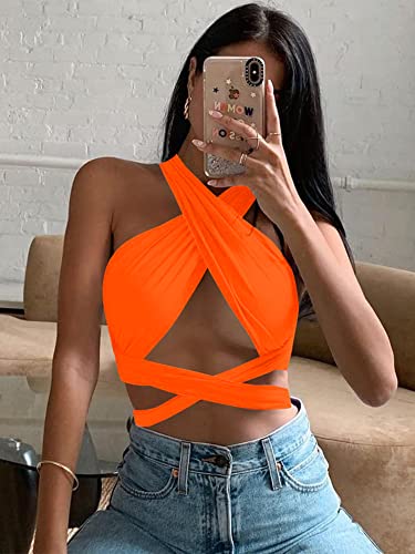 ZAFUL Womens Ribbed Halter Crop Top Ruched Lace-up Cropped Cami Bandana Top Criss Cross Wrap Print Tank Top