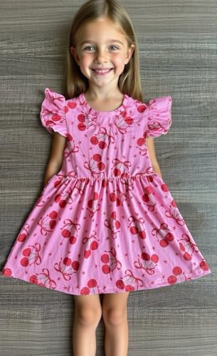 Baby Girls Dress Cherry Casual Flutter Sleeve Birthday Party Summer Playwear Dresses 2-8 Years Old3