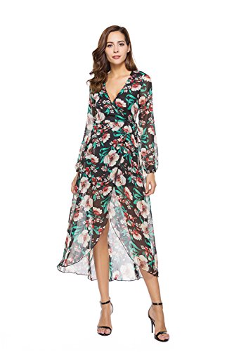 Shmily Girl - Robe à Manches Longues à col en V pour Femmes avec imprimé Floral Une Robe Longue Maxi Cover