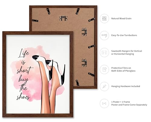 Image of Poster Master Life is Short Buy The Shoes Poster - Fashion Print - Trendy Art - Modern Art - Gift for Her & Fashionista - Luxury Haute Couture Decor for Bedroom or Girls Room, 8x10 Brown Framed