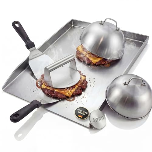 Grillplatte Edelstahl [40x30cm] Set XXL mit umfassendem Smash Burger Zubehör | 6-teilig Premium Set Plancha Burgerpresse Burgerglocke& Grillspachtel I Smash Burger Set für Zuhause
