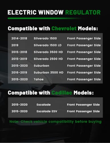 Image of Power Window Regulator with Motor Compatible with Cadillac Escalade /ESV & Chevrolet Silverado 1500 /LD,2500 3500 HD Suburban,Tahoe & GMC Sierra 1500 /Limited Sierra Yukon /XL Front Passenger Side