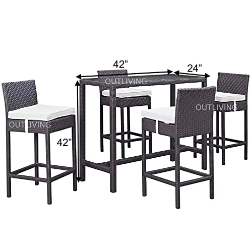 Image of OUTLIVING Rattan Wicker Outdoor Bar Patio Table with 4 Chairs Set for Home Graden Balcony 4 Seater High Bar Patio Furniture Table and Chairs - (White Cushion, Brown)