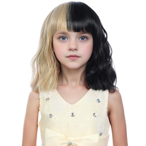 Kids Short Curly Black Blonde Wigs Split Two Tones Bangs Wig Synthetic Costume Halloween Wigs(