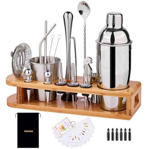 Cocktail Shaker Set Bartender Kit 26-Piece Stainless Steel Bar Tool Set with Bamboo Stand,Home Cocktail Tool with All Bar Accessories (Silver)