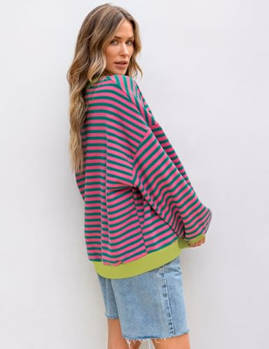 UEU Women's Oversized Sweatshirt for Fall/Winter Casual Long Sleeve Striped Pullover Top Crew Neck Cotton Sweater Shirt Pink Green Striped Medium
