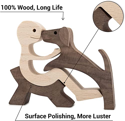 Jognee Handgefertigte Holzstatue, Welpen-Holzschnitz-Ornamente, herzerwärmendes Geschenk für Hundeliebhaber, Bastelfigur, Holz, kleine Dekorationen für Zuhause, Büro, Wohnzimmer (A – Männer + Hund)