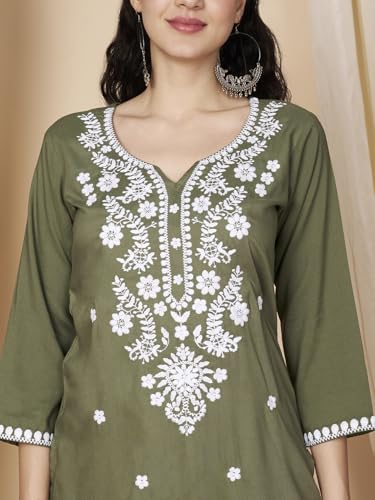 Image of Short Kurti for Women for Jeans, Chikankari Kurtis for Ladies, Lakhnavi V- Neck Women's Tunic Design Kurta, Floral Kurtas & Tunics for Woman