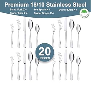 FlyingLeaves Premium 20 Piece 1810 Stainless Steel Silverware Set for 4 Elegant Cutlery Set with Forks Knives Spoons–Dishwasher Safe Kitchen Utensils for Home Restaurant and Events