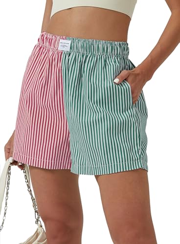 XinYangNi Women's Casual Striped Print Shorts Elastic High Waisted Straight Leg Bermuda Shorts with 2 Pockets Red and Green Large