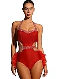 Nyeemya Maillot Brillante de Baile para Mujer Detalles con Flecos y Plumas Leotardos Patinaje Sobre Hielo Maillot Baile de Salón Latino Salsa Samba Rojo S