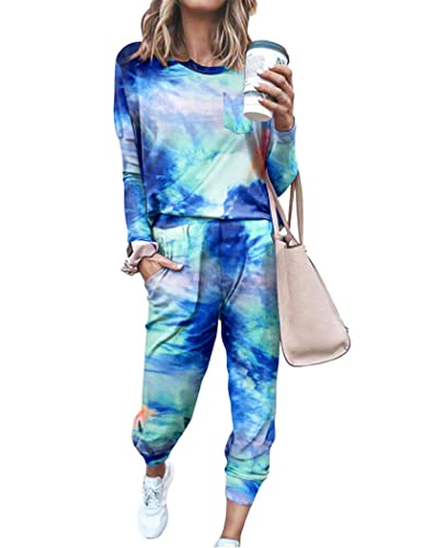 Ekouaer Tie Dye Prints Pajamas Sets Casual O Neck Long Sleeved Shirt And Pants With Pockets Pjs Set Lounge Nightwear Tie Dye L #TOP1