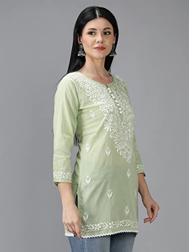 Image of Seva Chikan Hand Embroidered Lucknowi Chikankari Cotton Short Top Tunic for Women SCL9017