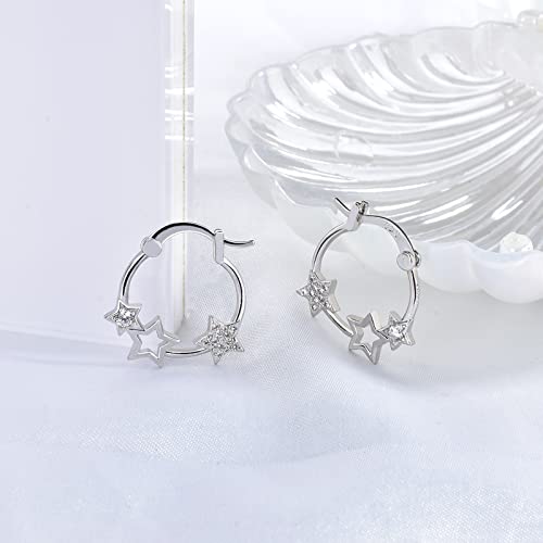 Star Hoop Earrings For Girls - Sterling Silver Stars Earrings For Women Hypoallergenic Cubic Zirconia Star Shaped Huggie Hoop Earrings For Teens Dainty Earrings Gifts For Christmas Birthday #TOP4