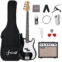 Fojill Full Size 4 Four String Electric Bass Guitar 20W Amplifier Amp Right Hand Beginner Starter Kit Set Combo Bundle Accessory Gig Bag,Strap,Picks,Capo,Noiselss Cable,Strings Black