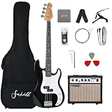 Fojill Full Size 4 Four String Electric Bass Guitar 20W Amplifier Amp Right Hand Beginner Starter Kit Set Combo Bundle Accessory Gig Bag,Strap,Picks,Capo,Noiselss Cable,Strings (Black)