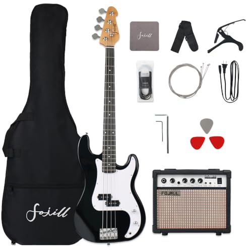 Fojill Full Size 4 Four String Electric Bass Guitar 20W Amplifier Amp Right Hand Beginner Starter Kit Set Combo Bundle Accessory Gig Bag,Strap,Picks,Capo,Noiselss Cable,Strings (Black)