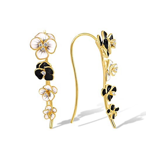 Santuzza Enamel Black & White Flower French Hook Earrings Peony Gold Plated Pierced Dangle Earrings For Women #TOP1