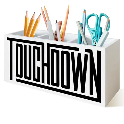 PQKIY Football Touchdown Pen Holder for Desk,Football Lover Fan Gifts Wooden Box Sign Desk Decor for Home Office Decoration, Black and White Game Day Pencil Organizer,Football Gift