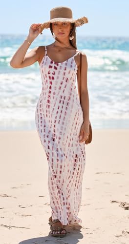 Image of Bluetime Women Summer Spaghetti Strap Maxi Dress V-Neck Sleeveless Flowy Boho Floral Beach Long Dress with Pockets