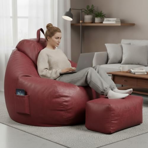 Image of KAM'S LIEU 4XL Suede Bean Bag Chair with Footrest & Cushion | Filled with High Density Polystyrene Beans | Premium Soft Fabric | Teardrop Design with Handle | Ready to Use Color- (Maroon, Bean Bag)