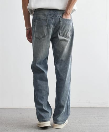 Men's Japanese Style Retro Jeans Elastic Waist Loose Straight Casual Denim Pants3