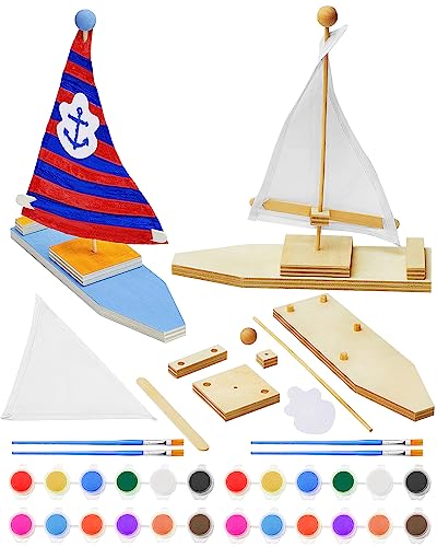 Jenaai 10 Pcs DIY Wooden Boat Kits Wooden Sailboat to Paint Decorate Unfinished Wood Blank Craft Model Boat Toy Sailboat Building Activities for Kids DIY Projects Handmade Gift Birthday Party School