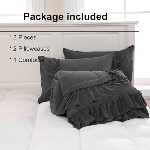 Bedding_Dreamer Dark Gray Ruffle Comforter Set Queen, 3 Pieces Shabby Chic Farmhouse Bedding, Soft Microfiber Comforter with Matching Shams, All Season by Bedding_Dreamer - Used condition - Image 7