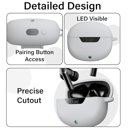 Image of Sounce Earphone Case Cover for Boat Airdopes 300 Premium TWS Soft Silicone Skin Case Cover Shock Absorbing Protective Case with Keychain [Front LED Visible] - Grey