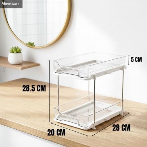 Image of Aliensware 2 Tier Cosmetics Drawer Organizer, Vanity Countertop Storage Container, Sink Organiser, Medicine Cabinets, Plastic Drawers for Lipsticks, Nail Polishes,Dressing Table,Perfume-Aliens-Clear,