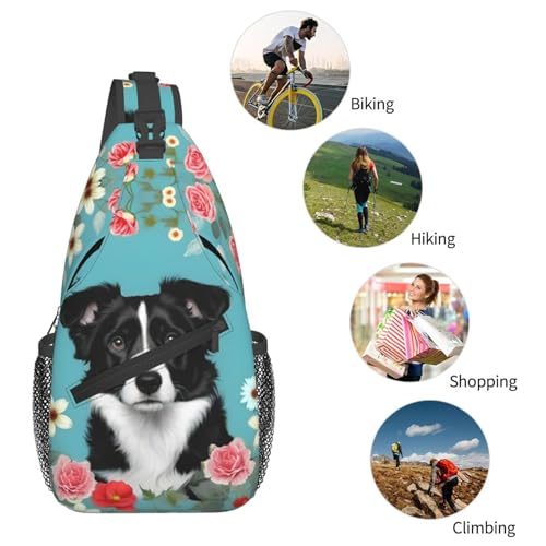 Mochila cruzada floral Border Collie, unisex, negra miniatura 6