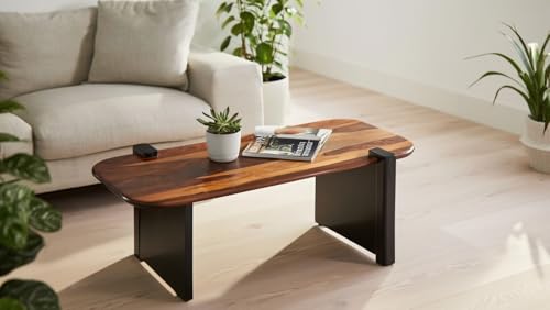 Image of Modern Wooden Coffee Table for Living Room | Sheesham Wood Center Table | Contemporary Tea Table Furniture for Home | Minimalist Designer Cocktail Table for Lounge, Apartment & Office | Teak Finish